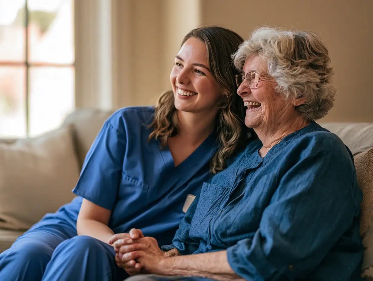 A smiling caregiver sitting close beside an older woman on a sofa, holding hands