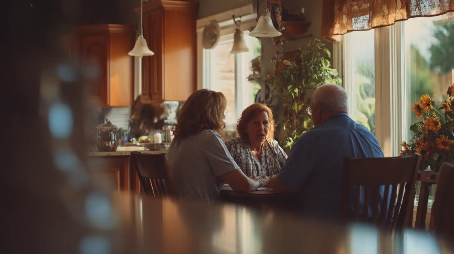A caregiver talking with an older couple at their kitchen table